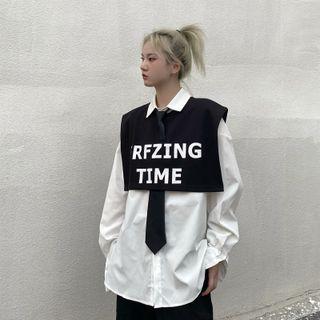 Lettering Cropped Vest / Plain Shirt / Tie / Set