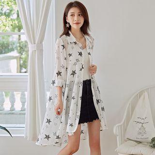 Star Print 3/4-sleeve Long Chiffon Shirt