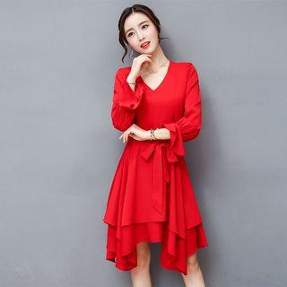 V-neck Long-sleeve Ruffle Dress