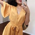 Plain V-neck Lace-up Short-sleeve Jumper Shorts