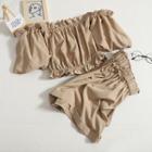Set: Short-sleeve Off Shoulder Crop Top + Ruffle Shorts