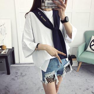 Set: Plain 3/4 Sleeve T-shirt + Letter Embroidered Cape