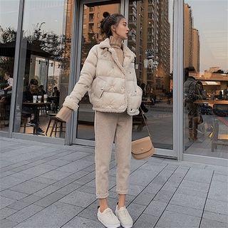 Furry-trim Double-breasted Padded Jacket / Turtleneck Sweater / Cropped Pants / Set