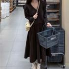 Long-sleeve Ruffle Trim Cardigan / Plain A-line Midi Skirt