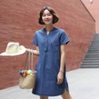 Half-placket Slit-side Denim Dress Dark Blue - One Size