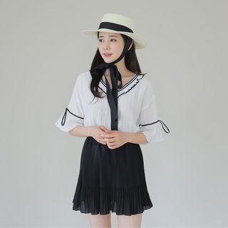 V-neck Elbow-sleeve Piped Top