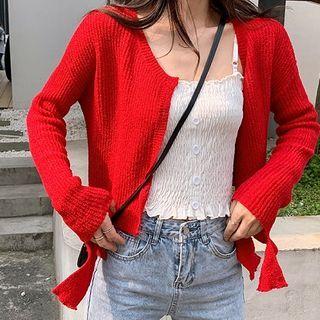 Long-sleeve Tie-waist Buttoned Knit Top