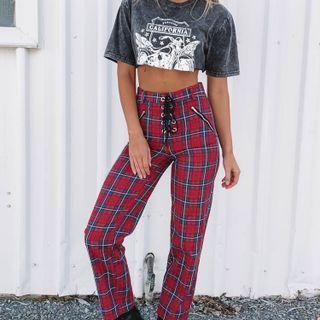 Lace-up Plaid Straight Leg Pants