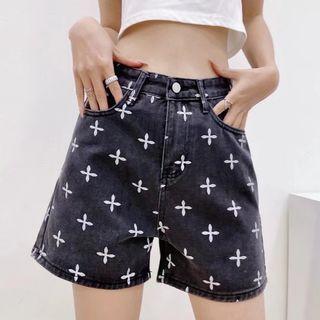 Crisscross Print Denim Shorts