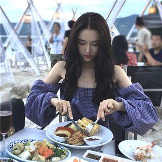 Check Off-shoulder Long-sleeve Top Purple - One Size