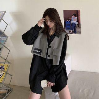 Plain Long-sleeve Shirt / Printed Sleeveless Blazer