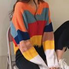 Fringed-hem Striped Sweater As Shown In Figure - One Size