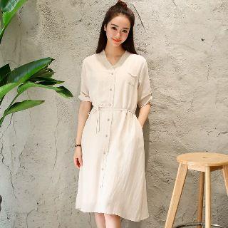 Long Sleeve V-neck Plain A-line Dress