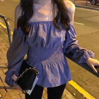 Off-shoulder Plaid Smocked Blouse Purple - One Size