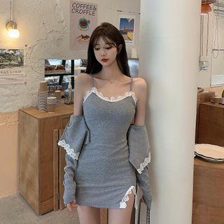 Spaghetti Strap Lace Trim Sheath Dress / Cardigan
