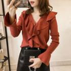 Long-sleeve V-neck Ruffle Knit Top