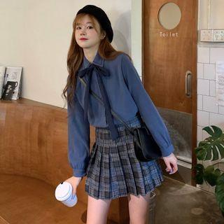Long-sleeve Tie-neck Blouse / Plaid Pleated Mini A-line Skirt