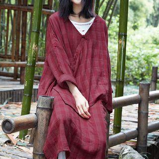 Mock Two Piece Plaid Long Sleeve Midi Dress