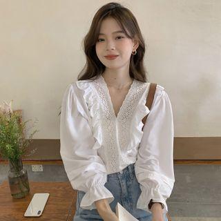 Wood Ear Trim V-neck Lace Shirt White - One Size