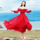 Strapped Long-sleeve Smocked Maxi A-line Dress