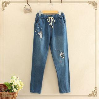 Drawstring Embroidery Jeans