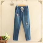 Drawstring Embroidery Jeans