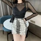 Long-sleeve Sheer Top / Sleeveless Top / Snake Print Skirt