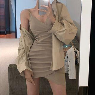 Spaghetti-strap Plain Mini Sheath Dress / Asymmetrical Shirt Jacket
