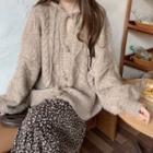Hooded Toggle Cable Knit Cardigan / Floral Print Midi A-line Skirt