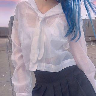 Sailor Collar Embroidered Cropped Light Shirt White - One Size