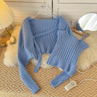 Set Of 2 : Long-sleeve Striped Knit Jacket + Suspender Plain Top