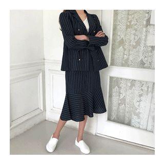 Set: Pinstripe Double-breasted Jacket + Ruffle-hem Skirt