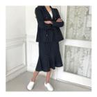 Set: Pinstripe Double-breasted Jacket + Ruffle-hem Skirt