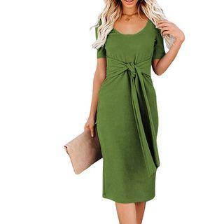 Short-sleeve Crew-neck Midi A-line Dress