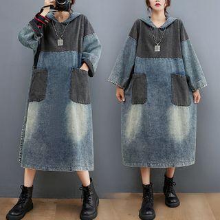 Long-sleeve Hooded Panel A-line Denim Dress