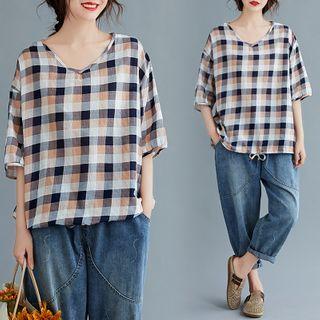 Plaid Short-sleeve V-neck Drawstring-hem Blouse Window Pane - Black & Light Orange - One Size