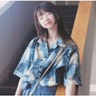 Short-sleeve Cat Print Shirt Short-sleeve - Cat - Blue - One Size