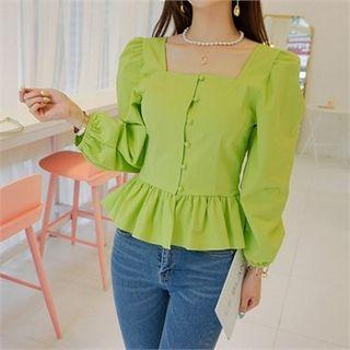 Square-neck Puff-sleeve Peplum Blouse