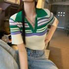 Short-sleeve Collar Striped Knit Top Stripe - Green & White - One Size