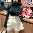 Long-sleeve Mesh Panel Knit Top / Faux Leather Wide-leg Shorts