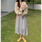 Long-sleeve Plain Blouse / Floral Midi A-line Skirt