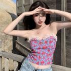 Floral Print Lace Trim Tube Top Floral - Red & Green & Blue - One Size