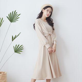 Set: Open Front Cardigan + A-line Midi Tank Dress Almond - One Size