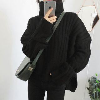 Turtleneck Ribbed Side Slit Sweater