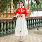 Set: Furry Trim Dragon Embroidered Jacket + A-line Midi Skirt