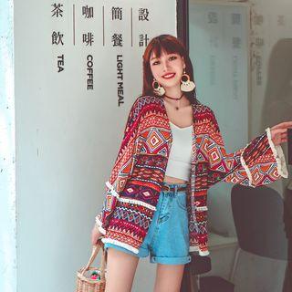 Patterned Cardigan Print - Red & Orange - One Size
