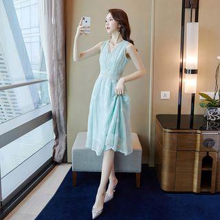 Lace Trim V-neck Sleeveless Midi A-line Dress