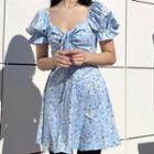 Puff Sleeve Floral Print Tie-print A-line Dress