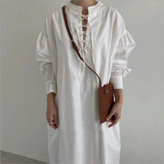Long-sleeve Lace-up Midi Dress White - One Size