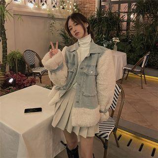Faux Shearling Panel Denim Jacket Light Blue - One Size
